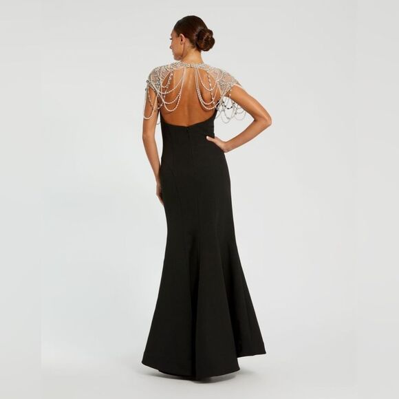 MAC DUGGAL 11775 Black Draped Pearl Beaded Mermaid Gown Dress - Picture 4 of 13
